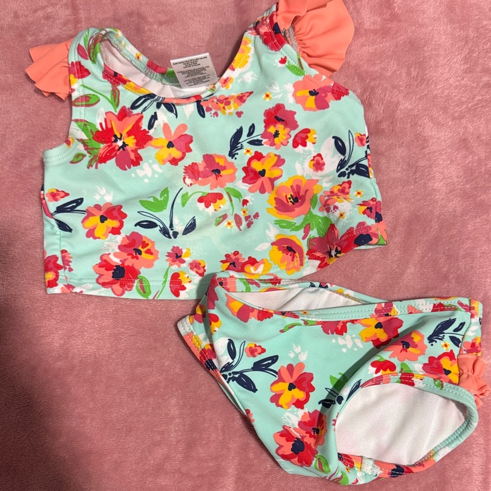 Ruffle Butts Floral Swimsuit with Coral Bow